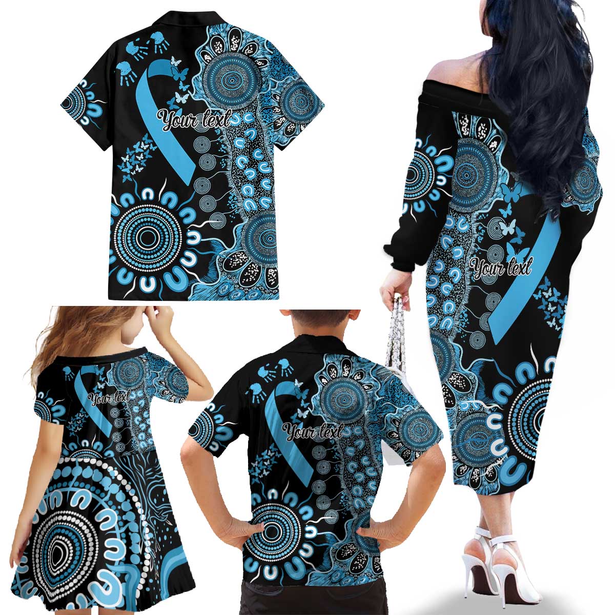 Prostate Cancer Awareness Personalised Family Matching Off The Shoulder Long Sleeve Dress and Hawaiian Shirt Aboriginal Ribbon Dot Painting