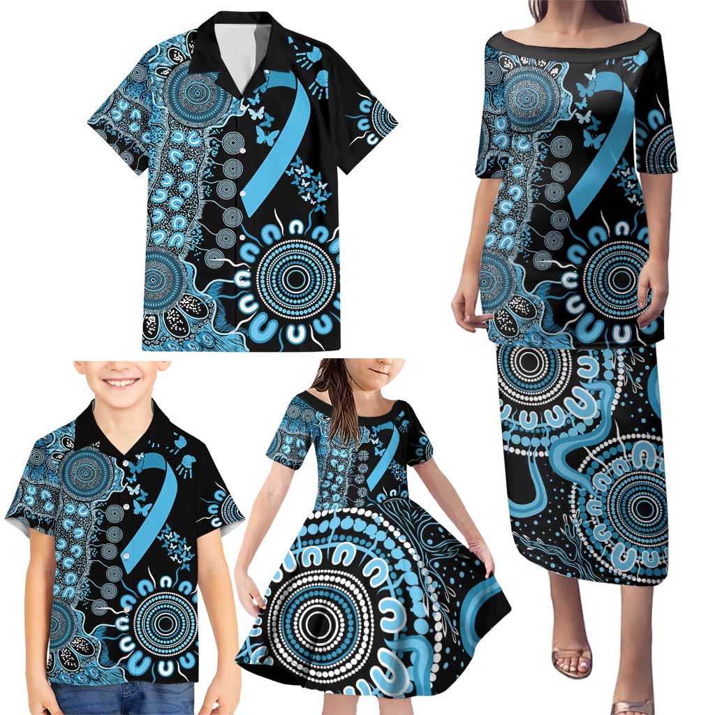 Prostate Cancer Awareness Personalised Family Matching Puletasi and Hawaiian Shirt Aboriginal Ribbon Dot Painting