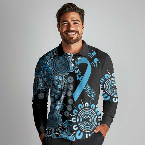 Prostate Cancer Awareness Personalised Long Sleeve Polo Shirt Aboriginal Ribbon Dot Painting
