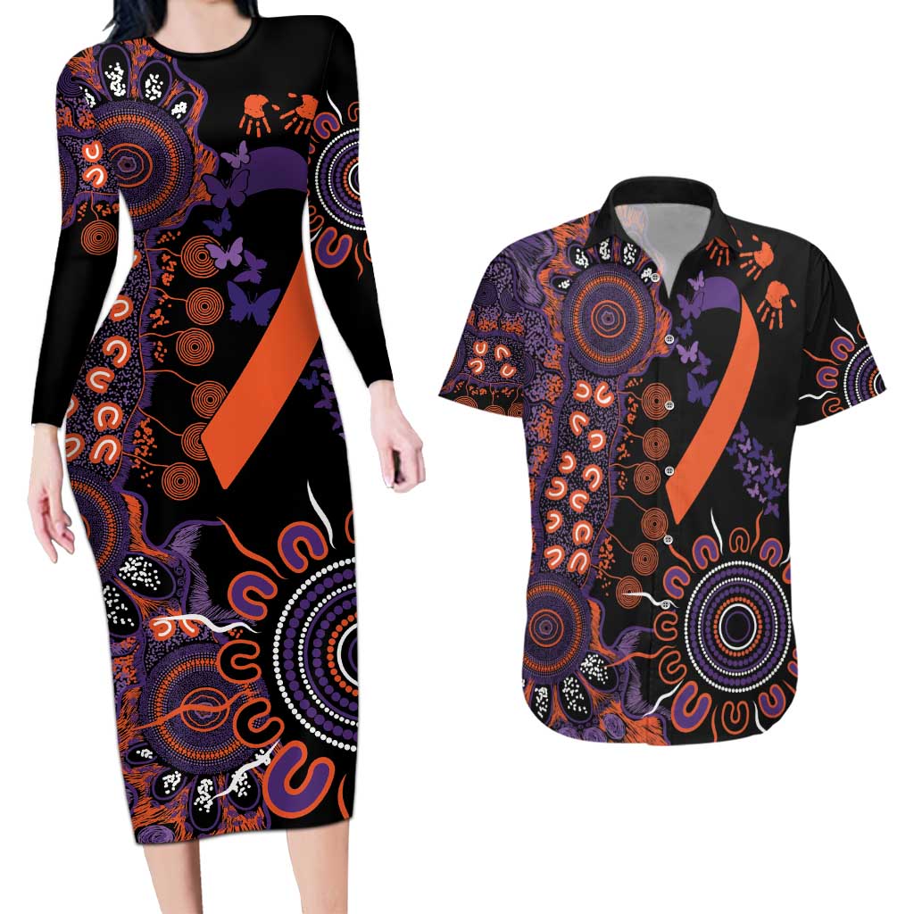 Psoriasis Awareness Personalised Couples Matching Long Sleeve Bodycon Dress and Hawaiian Shirt Aboriginal Ribbon Dot Painting