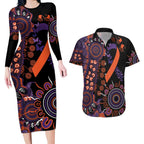 Psoriasis Awareness Personalised Couples Matching Long Sleeve Bodycon Dress and Hawaiian Shirt Aboriginal Ribbon Dot Painting