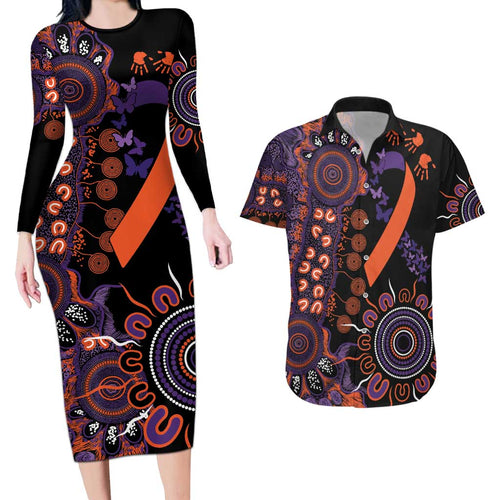 Psoriasis Awareness Personalised Couples Matching Long Sleeve Bodycon Dress and Hawaiian Shirt Aboriginal Ribbon Dot Painting