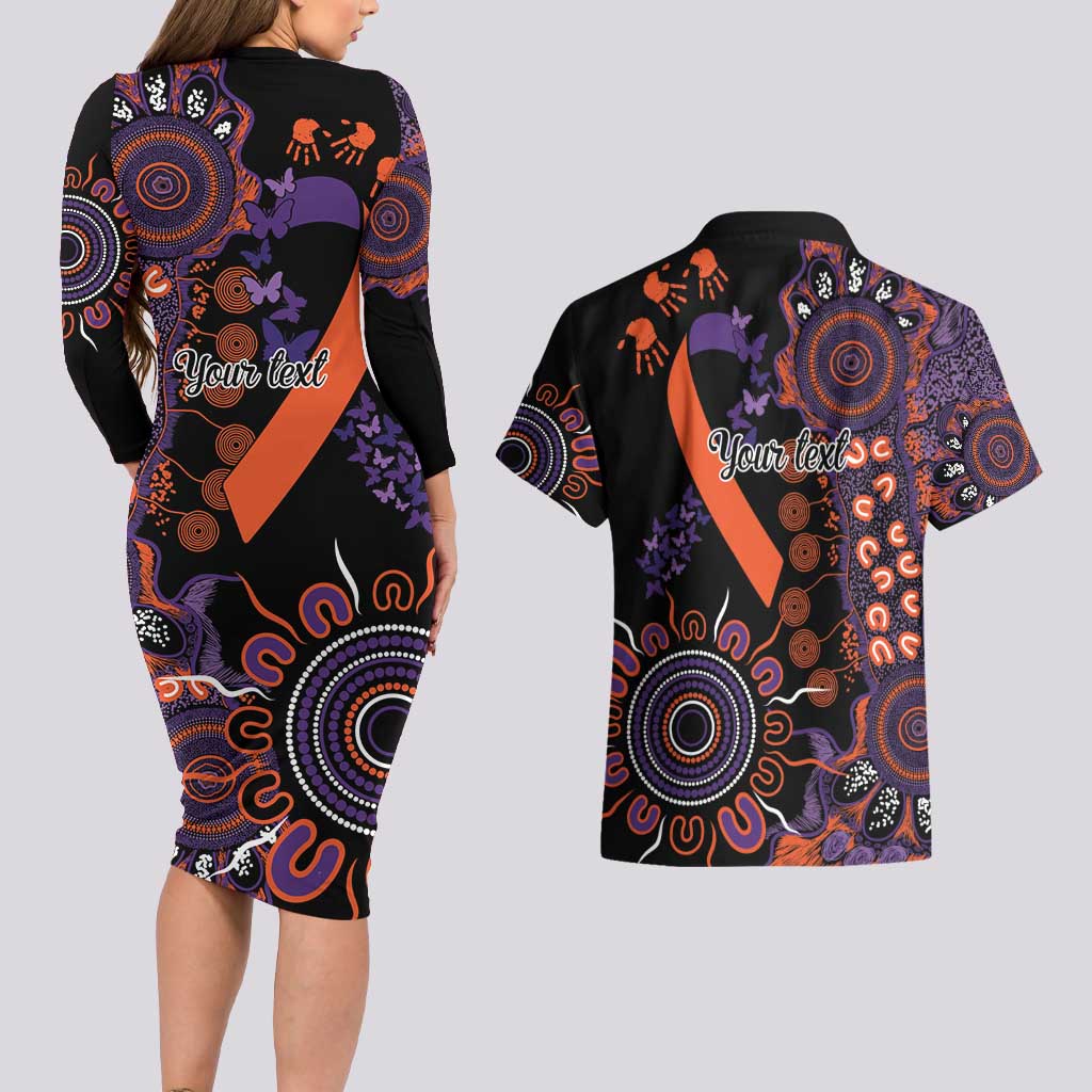 Psoriasis Awareness Personalised Couples Matching Long Sleeve Bodycon Dress and Hawaiian Shirt Aboriginal Ribbon Dot Painting
