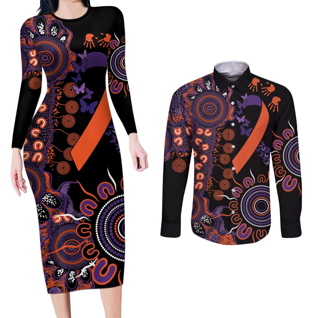 Psoriasis Awareness Personalised Couples Matching Long Sleeve Bodycon Dress and Long Sleeve Button Shirt Aboriginal Ribbon Dot Painting