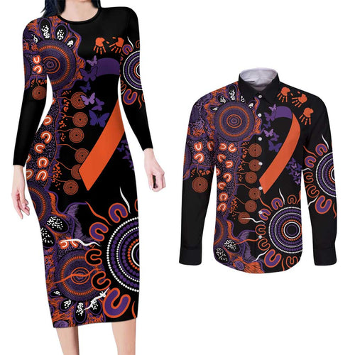 Psoriasis Awareness Personalised Couples Matching Long Sleeve Bodycon Dress and Long Sleeve Button Shirt Aboriginal Ribbon Dot Painting