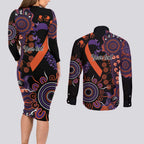 Psoriasis Awareness Personalised Couples Matching Long Sleeve Bodycon Dress and Long Sleeve Button Shirt Aboriginal Ribbon Dot Painting