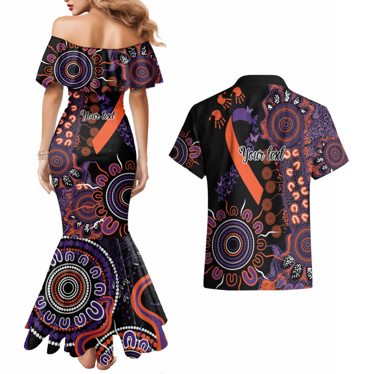 Psoriasis Awareness Personalised Couples Matching Mermaid Dress and Hawaiian Shirt Aboriginal Ribbon Dot Painting