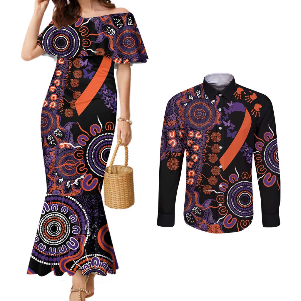 Psoriasis Awareness Personalised Couples Matching Mermaid Dress and Long Sleeve Button Shirt Aboriginal Ribbon Dot Painting