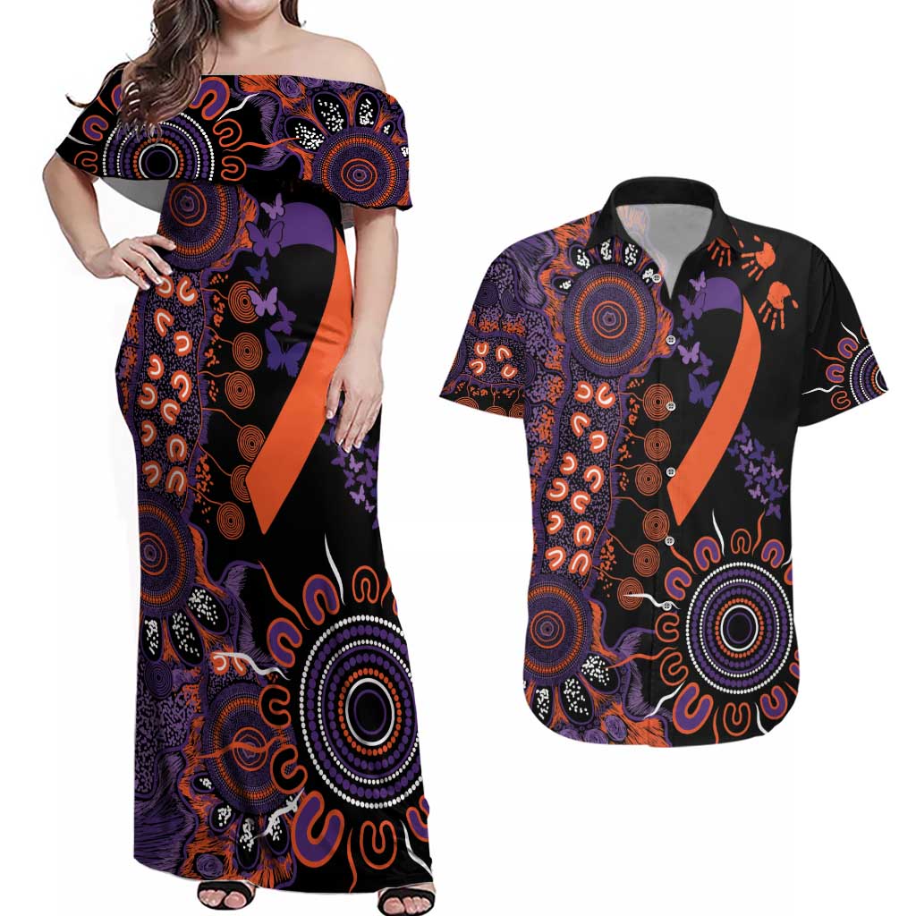 Psoriasis Awareness Personalised Couples Matching Off Shoulder Maxi Dress and Hawaiian Shirt Aboriginal Ribbon Dot Painting