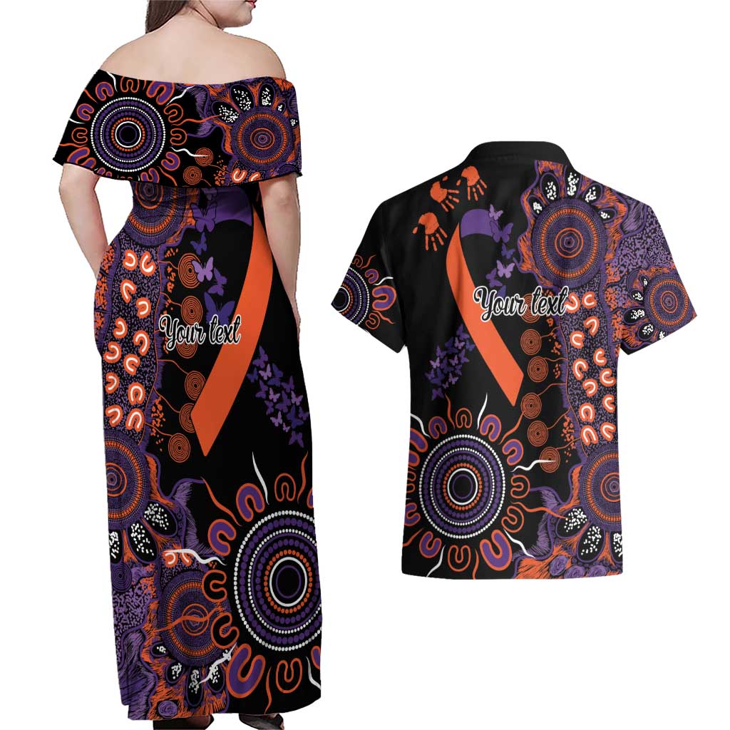 Psoriasis Awareness Personalised Couples Matching Off Shoulder Maxi Dress and Hawaiian Shirt Aboriginal Ribbon Dot Painting