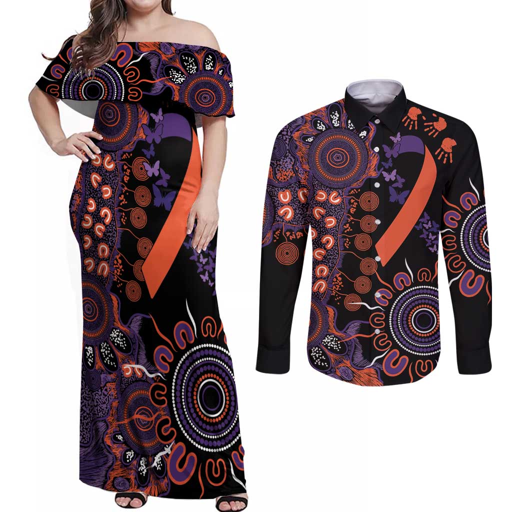 Psoriasis Awareness Personalised Couples Matching Off Shoulder Maxi Dress and Long Sleeve Button Shirt Aboriginal Ribbon Dot Painting