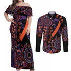 Psoriasis Awareness Personalised Couples Matching Off Shoulder Maxi Dress and Long Sleeve Button Shirt Aboriginal Ribbon Dot Painting