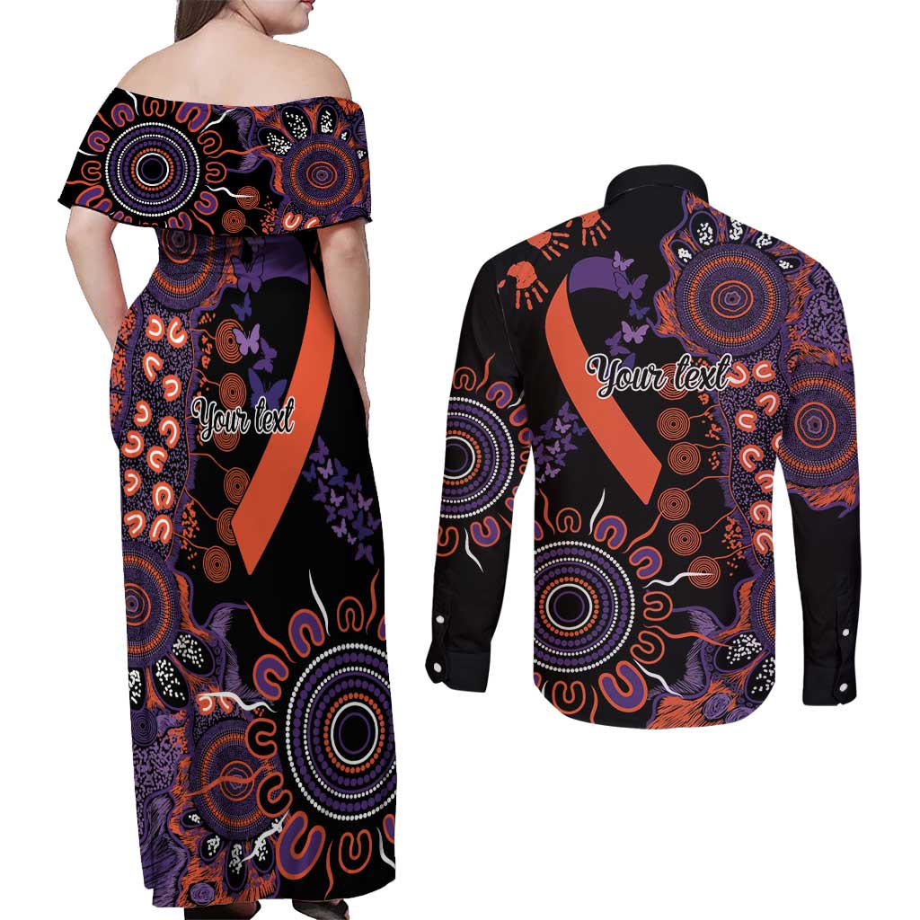 Psoriasis Awareness Personalised Couples Matching Off Shoulder Maxi Dress and Long Sleeve Button Shirt Aboriginal Ribbon Dot Painting