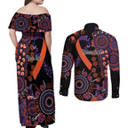 Psoriasis Awareness Personalised Couples Matching Off Shoulder Maxi Dress and Long Sleeve Button Shirt Aboriginal Ribbon Dot Painting
