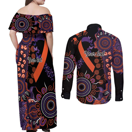 Psoriasis Awareness Personalised Couples Matching Off Shoulder Maxi Dress and Long Sleeve Button Shirt Aboriginal Ribbon Dot Painting