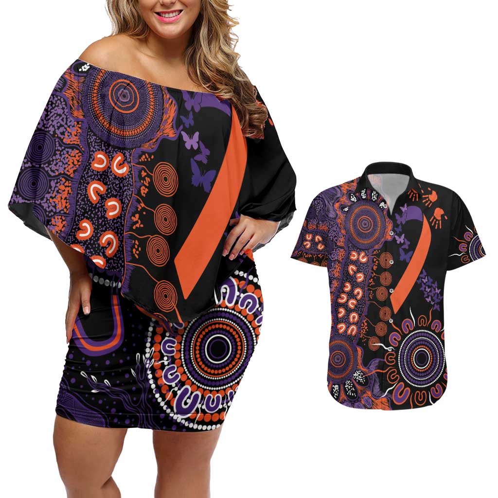 Psoriasis Awareness Personalised Couples Matching Off Shoulder Short Dress and Hawaiian Shirt Aboriginal Ribbon Dot Painting