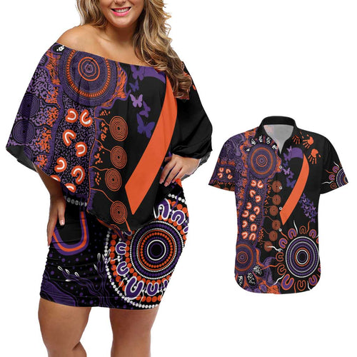Psoriasis Awareness Personalised Couples Matching Off Shoulder Short Dress and Hawaiian Shirt Aboriginal Ribbon Dot Painting