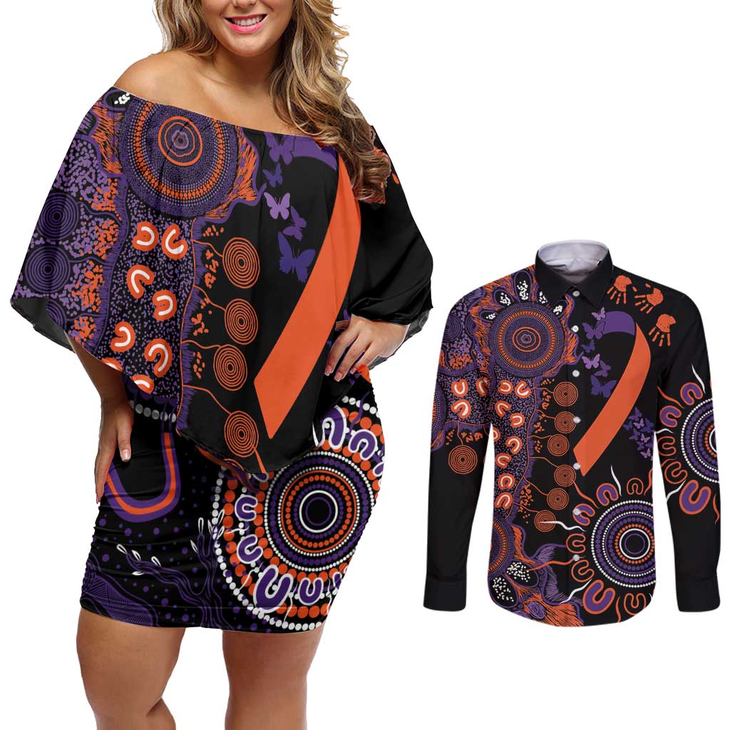 Psoriasis Awareness Personalised Couples Matching Off Shoulder Short Dress and Long Sleeve Button Shirt Aboriginal Ribbon Dot Painting