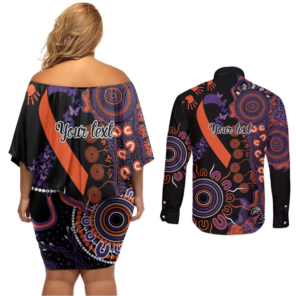 Psoriasis Awareness Personalised Couples Matching Off Shoulder Short Dress and Long Sleeve Button Shirt Aboriginal Ribbon Dot Painting