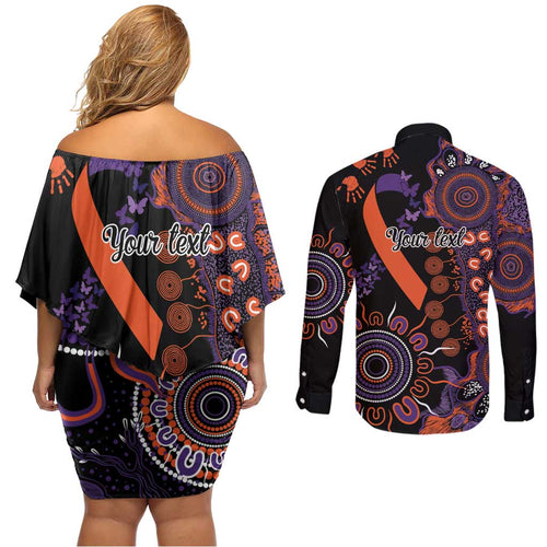 Psoriasis Awareness Personalised Couples Matching Off Shoulder Short Dress and Long Sleeve Button Shirt Aboriginal Ribbon Dot Painting