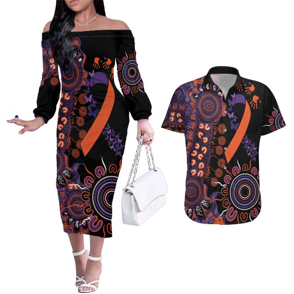 Psoriasis Awareness Personalised Couples Matching Off The Shoulder Long Sleeve Dress and Hawaiian Shirt Aboriginal Ribbon Dot Painting