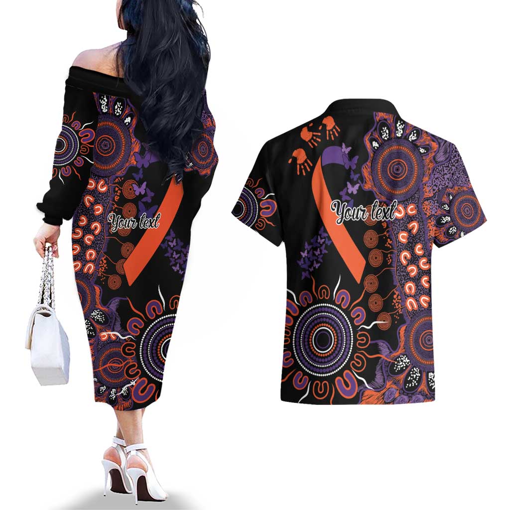Psoriasis Awareness Personalised Couples Matching Off The Shoulder Long Sleeve Dress and Hawaiian Shirt Aboriginal Ribbon Dot Painting