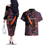 Psoriasis Awareness Personalised Couples Matching Off The Shoulder Long Sleeve Dress and Hawaiian Shirt Aboriginal Ribbon Dot Painting