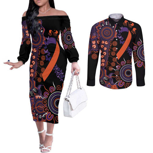 Psoriasis Awareness Personalised Couples Matching Off The Shoulder Long Sleeve Dress and Long Sleeve Button Shirt Aboriginal Ribbon Dot Painting