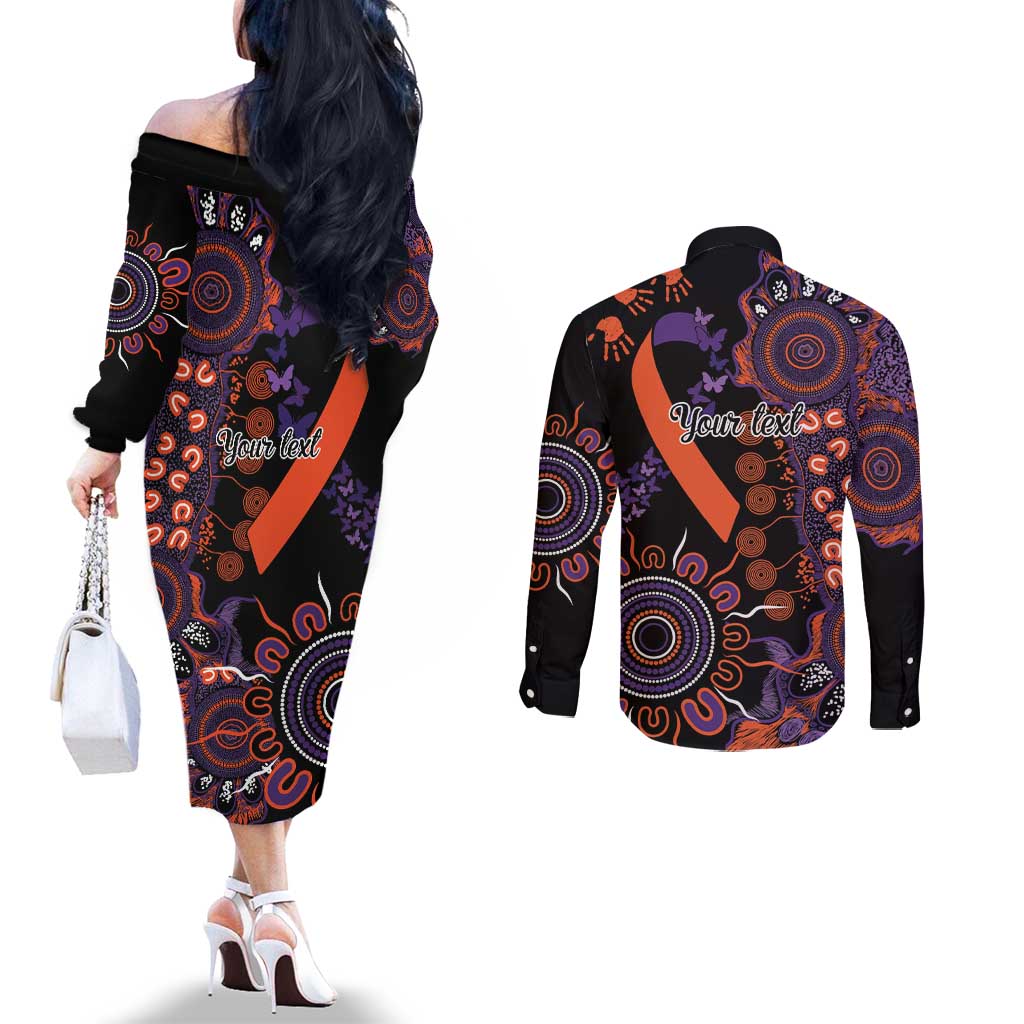 Psoriasis Awareness Personalised Couples Matching Off The Shoulder Long Sleeve Dress and Long Sleeve Button Shirt Aboriginal Ribbon Dot Painting