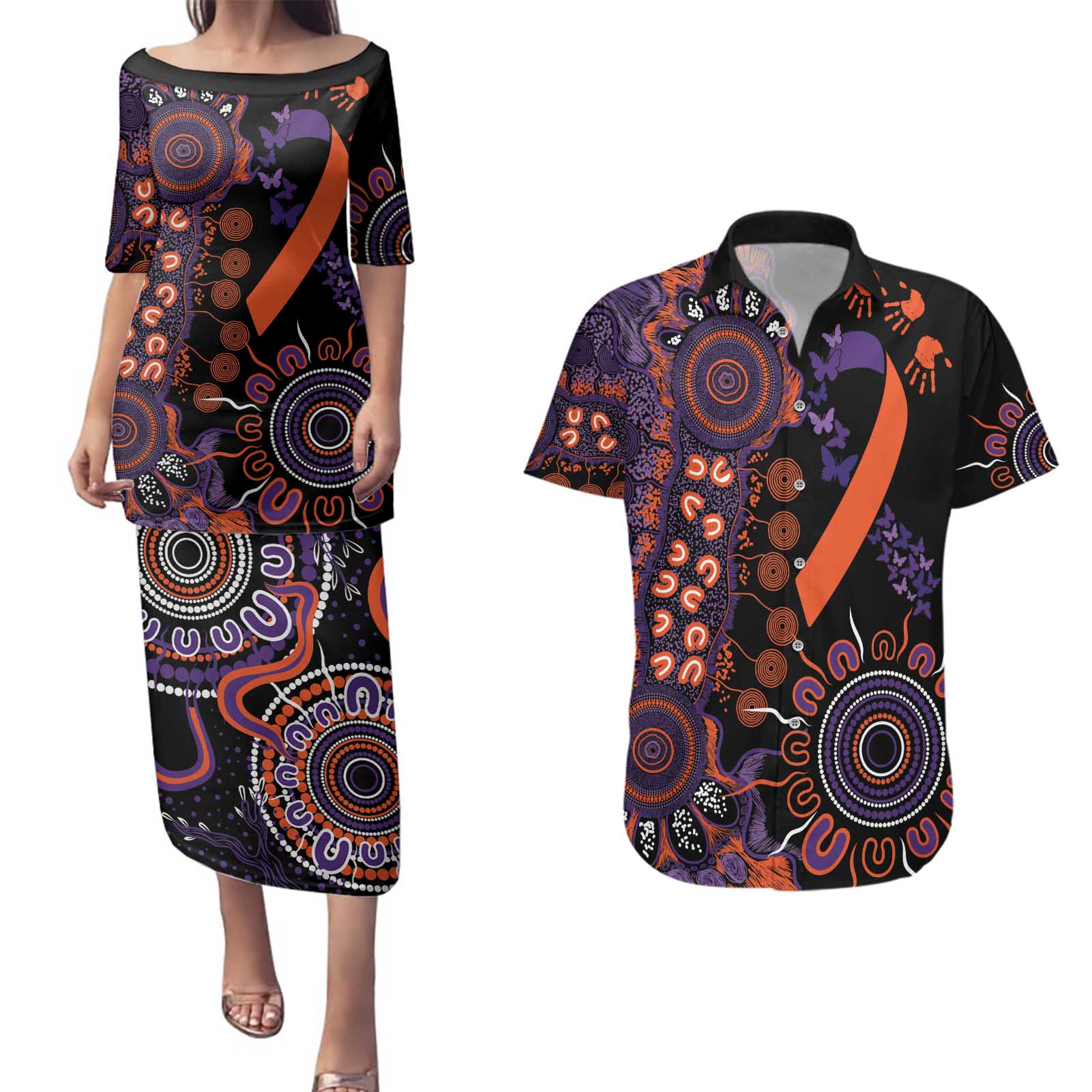 Psoriasis Awareness Personalised Couples Matching Puletasi and Hawaiian Shirt Aboriginal Ribbon Dot Painting