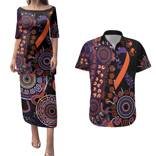 Psoriasis Awareness Personalised Couples Matching Puletasi and Hawaiian Shirt Aboriginal Ribbon Dot Painting