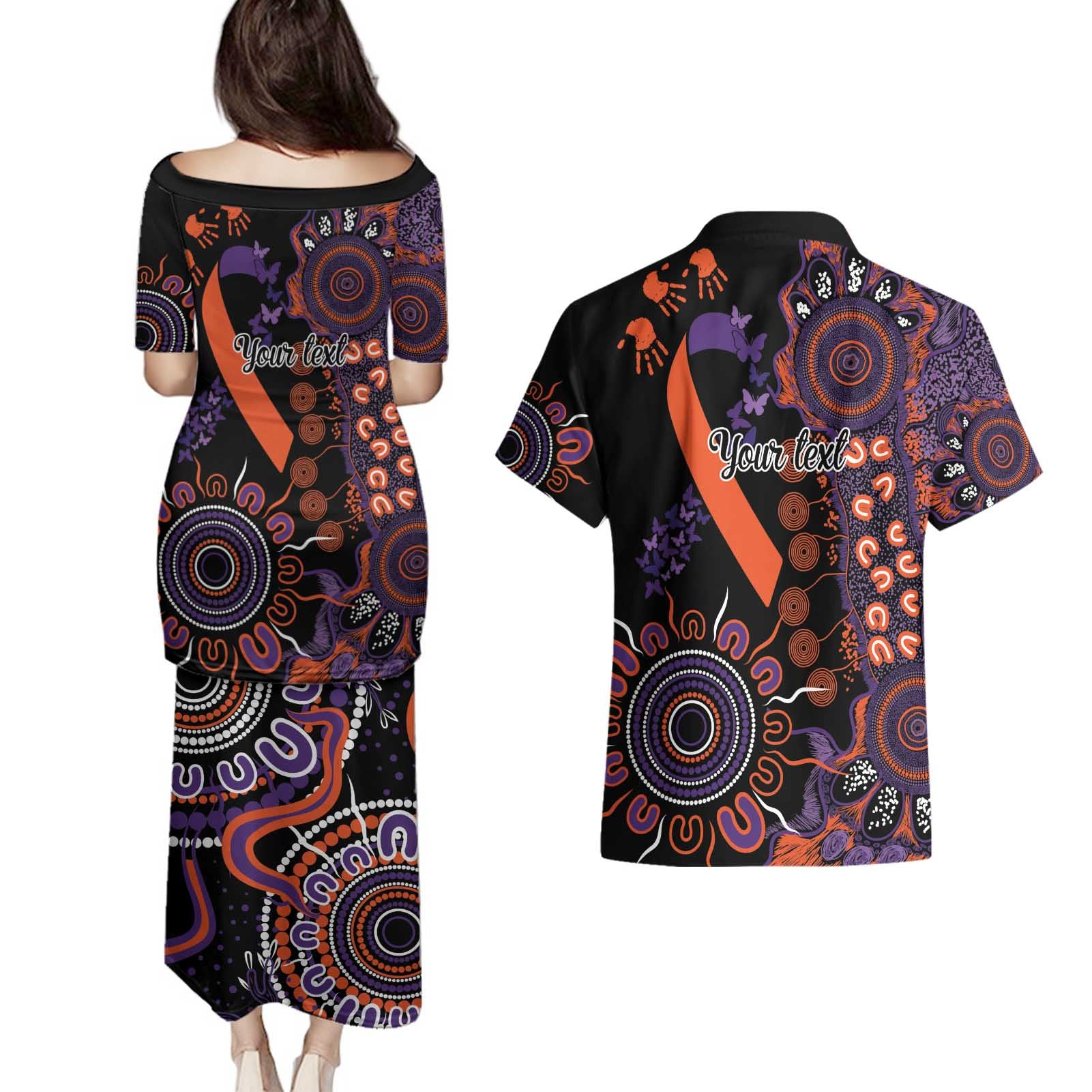 Psoriasis Awareness Personalised Couples Matching Puletasi and Hawaiian Shirt Aboriginal Ribbon Dot Painting