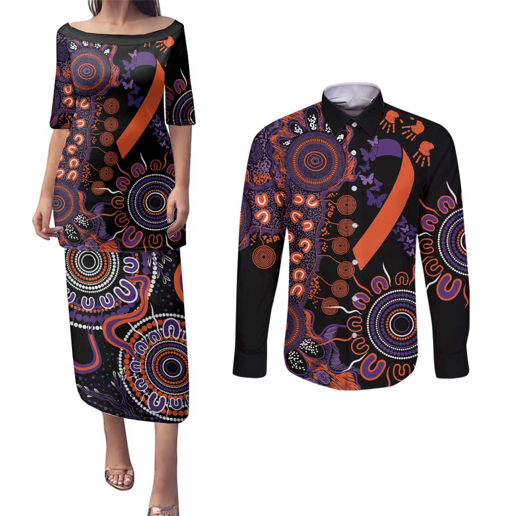 Psoriasis Awareness Personalised Couples Matching Puletasi and Long Sleeve Button Shirt Aboriginal Ribbon Dot Painting