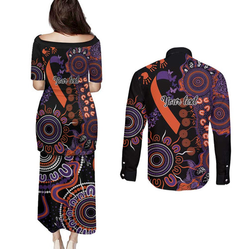 Psoriasis Awareness Personalised Couples Matching Puletasi and Long Sleeve Button Shirt Aboriginal Ribbon Dot Painting