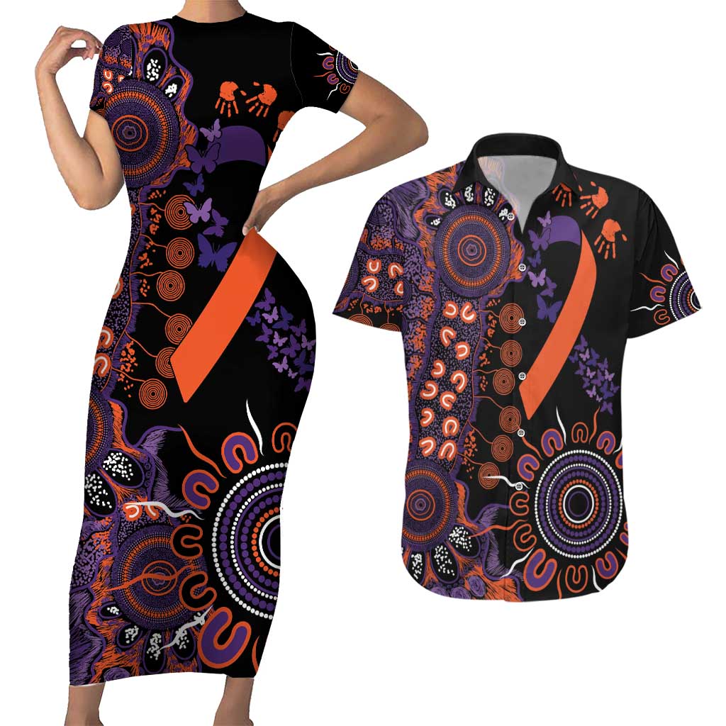 Psoriasis Awareness Personalised Couples Matching Short Sleeve Bodycon Dress and Hawaiian Shirt Aboriginal Ribbon Dot Painting