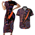 Psoriasis Awareness Personalised Couples Matching Short Sleeve Bodycon Dress and Hawaiian Shirt Aboriginal Ribbon Dot Painting