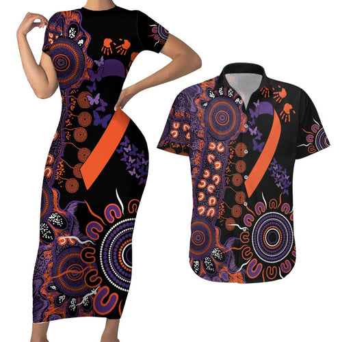 Psoriasis Awareness Personalised Couples Matching Short Sleeve Bodycon Dress and Hawaiian Shirt Aboriginal Ribbon Dot Painting