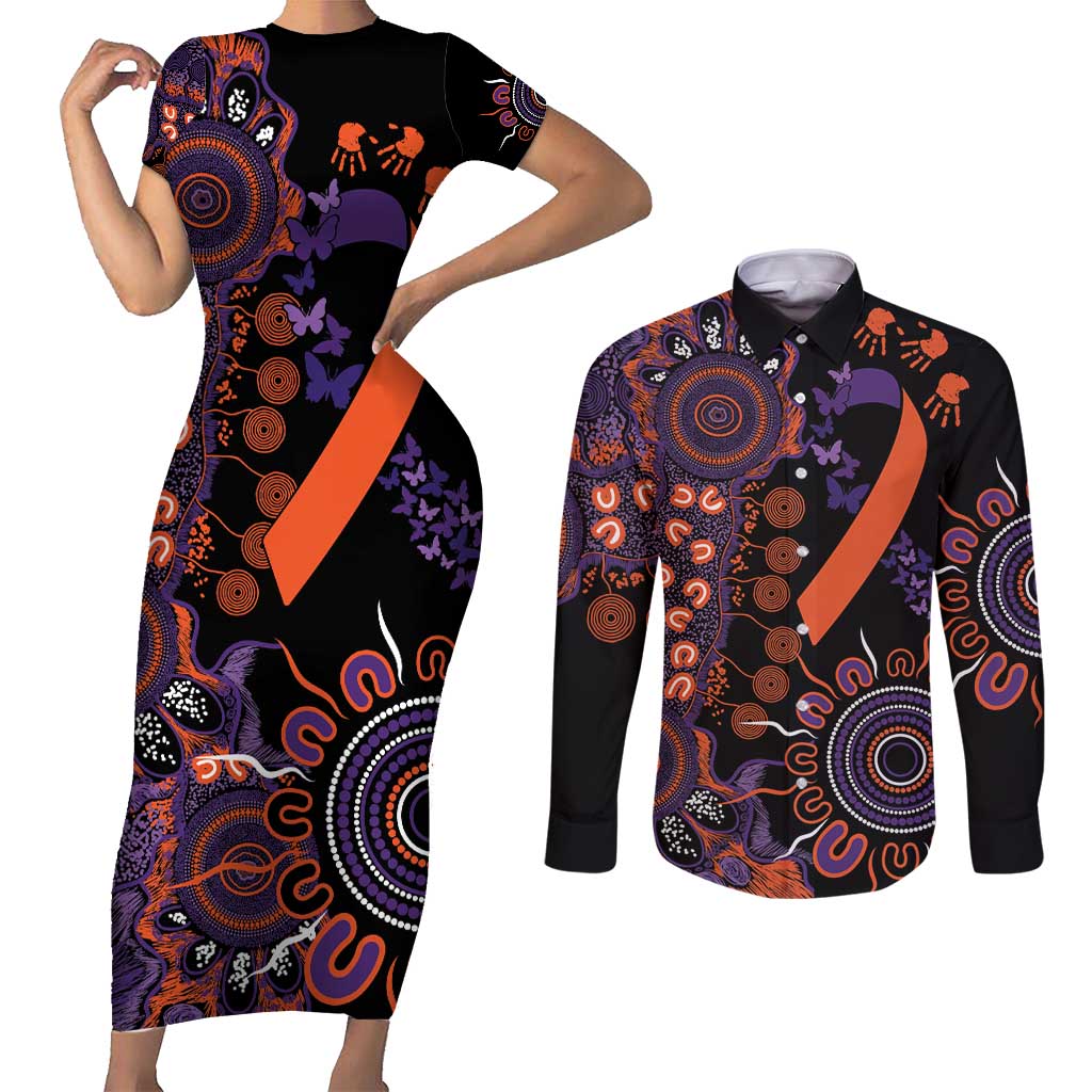 Psoriasis Awareness Personalised Couples Matching Short Sleeve Bodycon Dress and Long Sleeve Button Shirt Aboriginal Ribbon Dot Painting