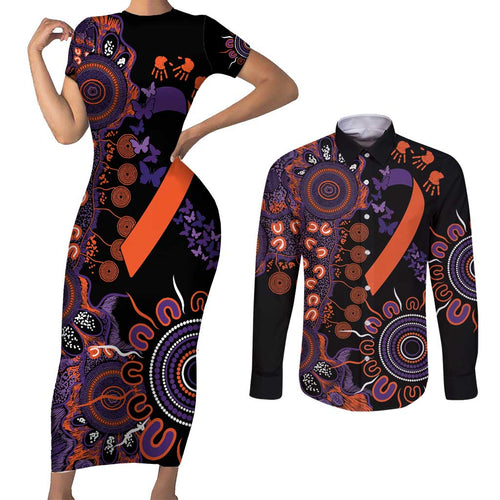 Psoriasis Awareness Personalised Couples Matching Short Sleeve Bodycon Dress and Long Sleeve Button Shirt Aboriginal Ribbon Dot Painting
