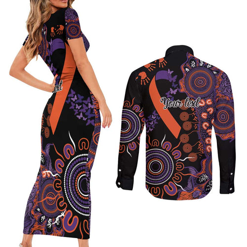 Psoriasis Awareness Personalised Couples Matching Short Sleeve Bodycon Dress and Long Sleeve Button Shirt Aboriginal Ribbon Dot Painting