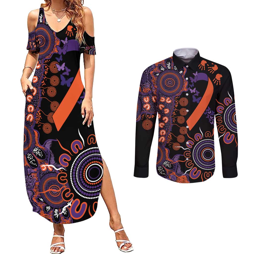 Psoriasis Awareness Personalised Couples Matching Summer Maxi Dress and Long Sleeve Button Shirt Aboriginal Ribbon Dot Painting