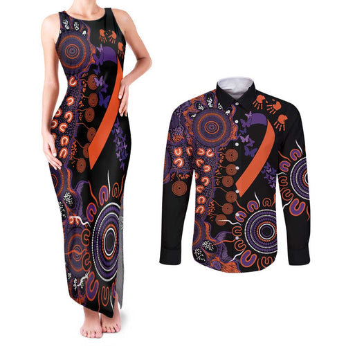 Psoriasis Awareness Personalised Couples Matching Tank Maxi Dress and Long Sleeve Button Shirt Aboriginal Ribbon Dot Painting