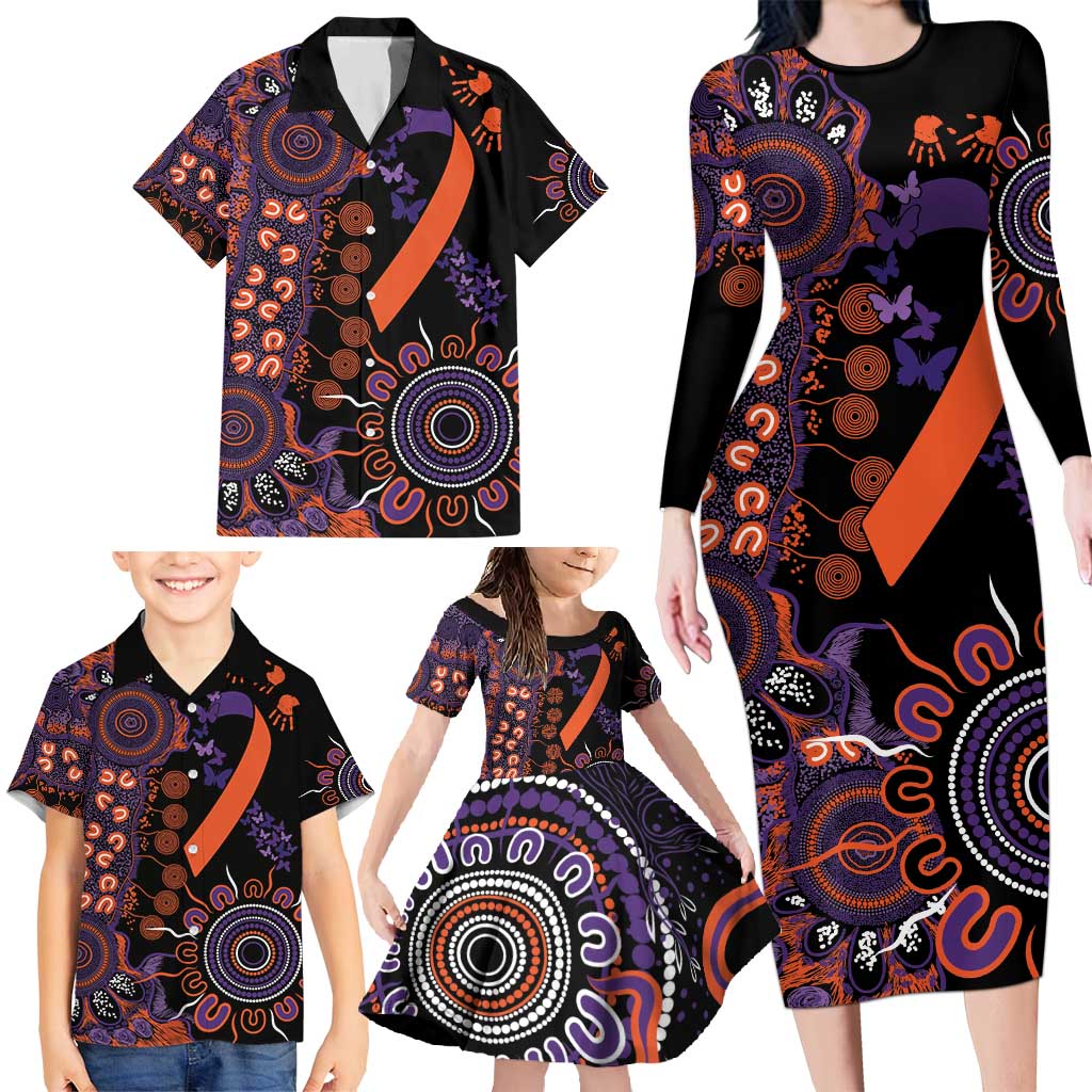 Psoriasis Awareness Personalised Family Matching Long Sleeve Bodycon Dress and Hawaiian Shirt Aboriginal Ribbon Dot Painting