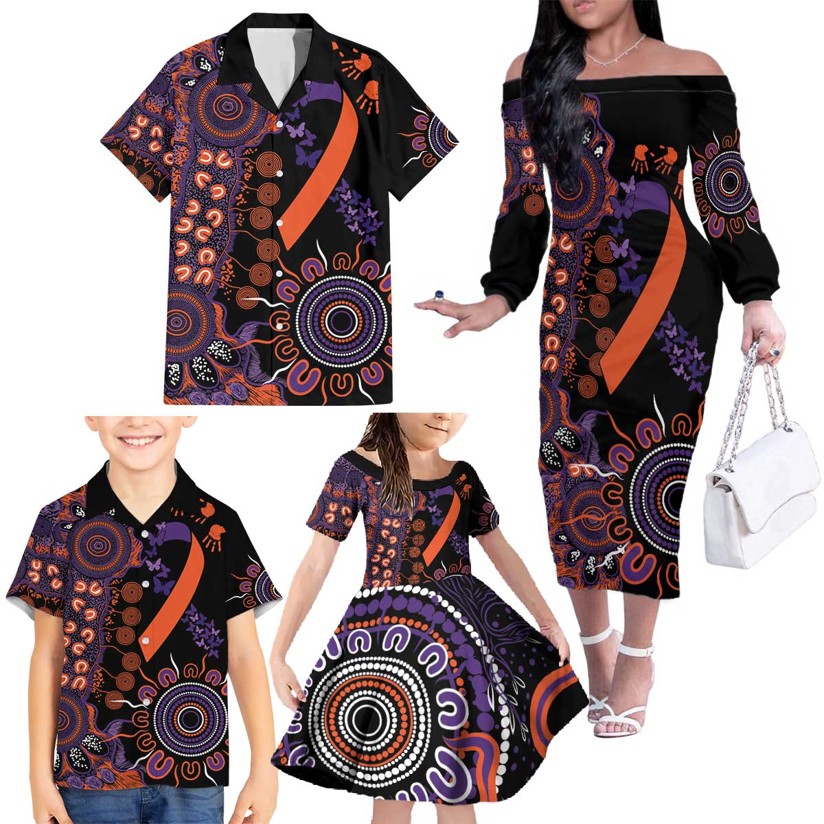 Psoriasis Awareness Personalised Family Matching Off The Shoulder Long Sleeve Dress and Hawaiian Shirt Aboriginal Ribbon Dot Painting