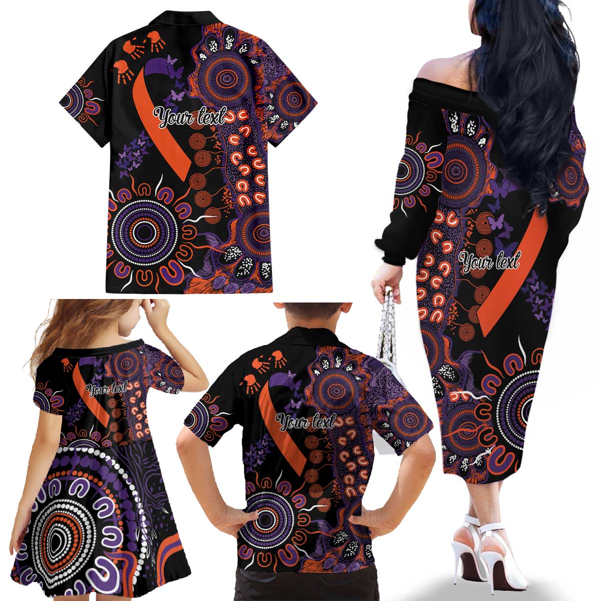 Psoriasis Awareness Personalised Family Matching Off The Shoulder Long Sleeve Dress and Hawaiian Shirt Aboriginal Ribbon Dot Painting