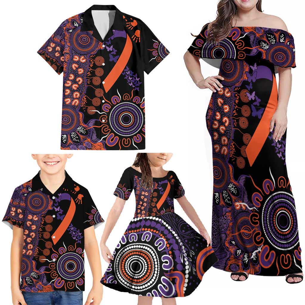 Psoriasis Awareness Personalised Family Matching Off Shoulder Maxi Dress and Hawaiian Shirt Aboriginal Ribbon Dot Painting