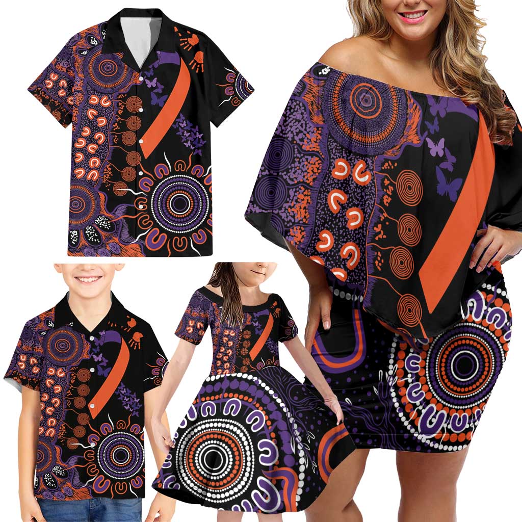 Psoriasis Awareness Personalised Family Matching Off Shoulder Short Dress and Hawaiian Shirt Aboriginal Ribbon Dot Painting