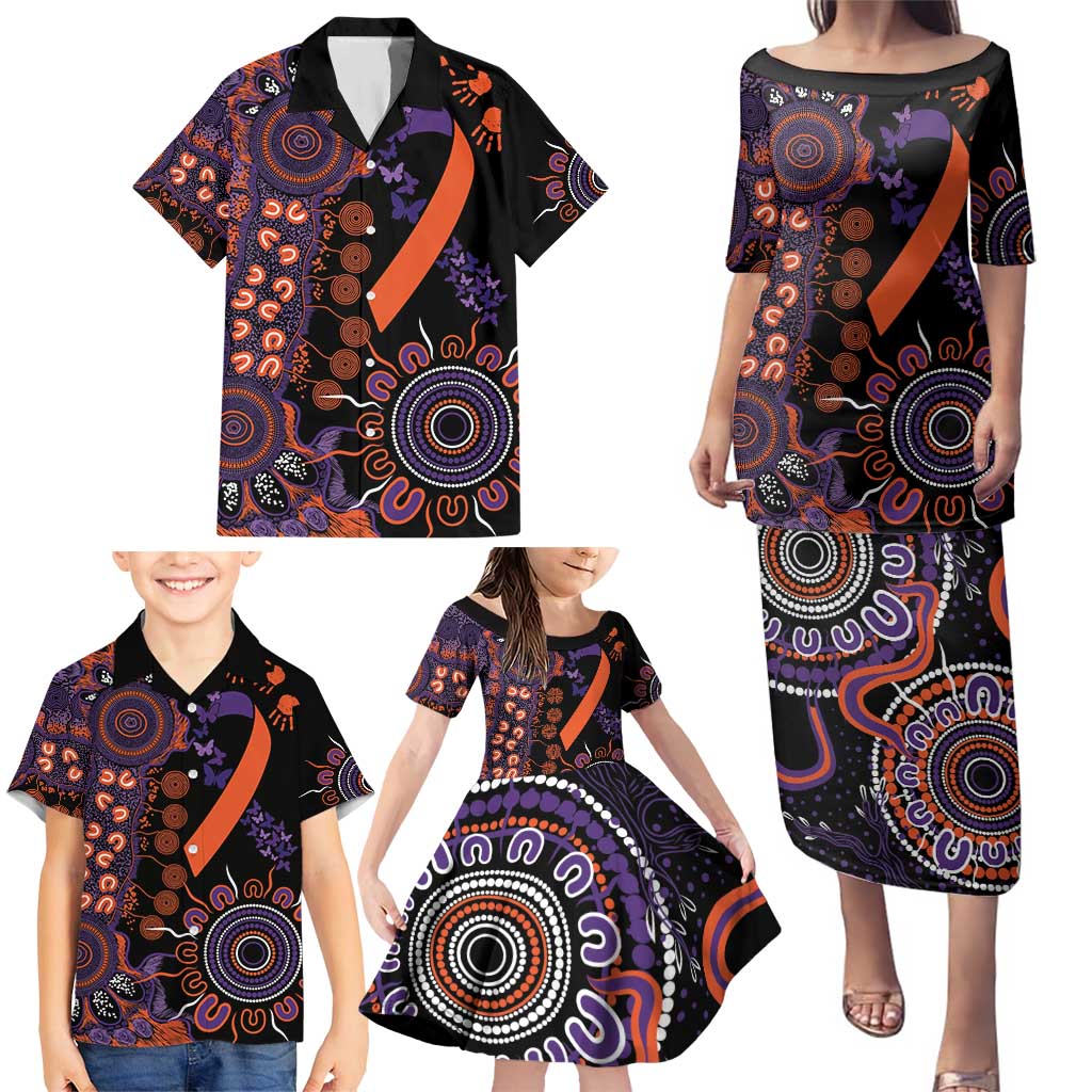 Psoriasis Awareness Personalised Family Matching Puletasi and Hawaiian Shirt Aboriginal Ribbon Dot Painting