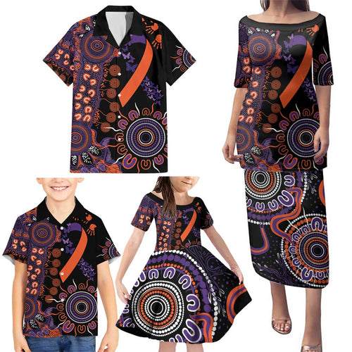Psoriasis Awareness Personalised Family Matching Puletasi and Hawaiian Shirt Aboriginal Ribbon Dot Painting