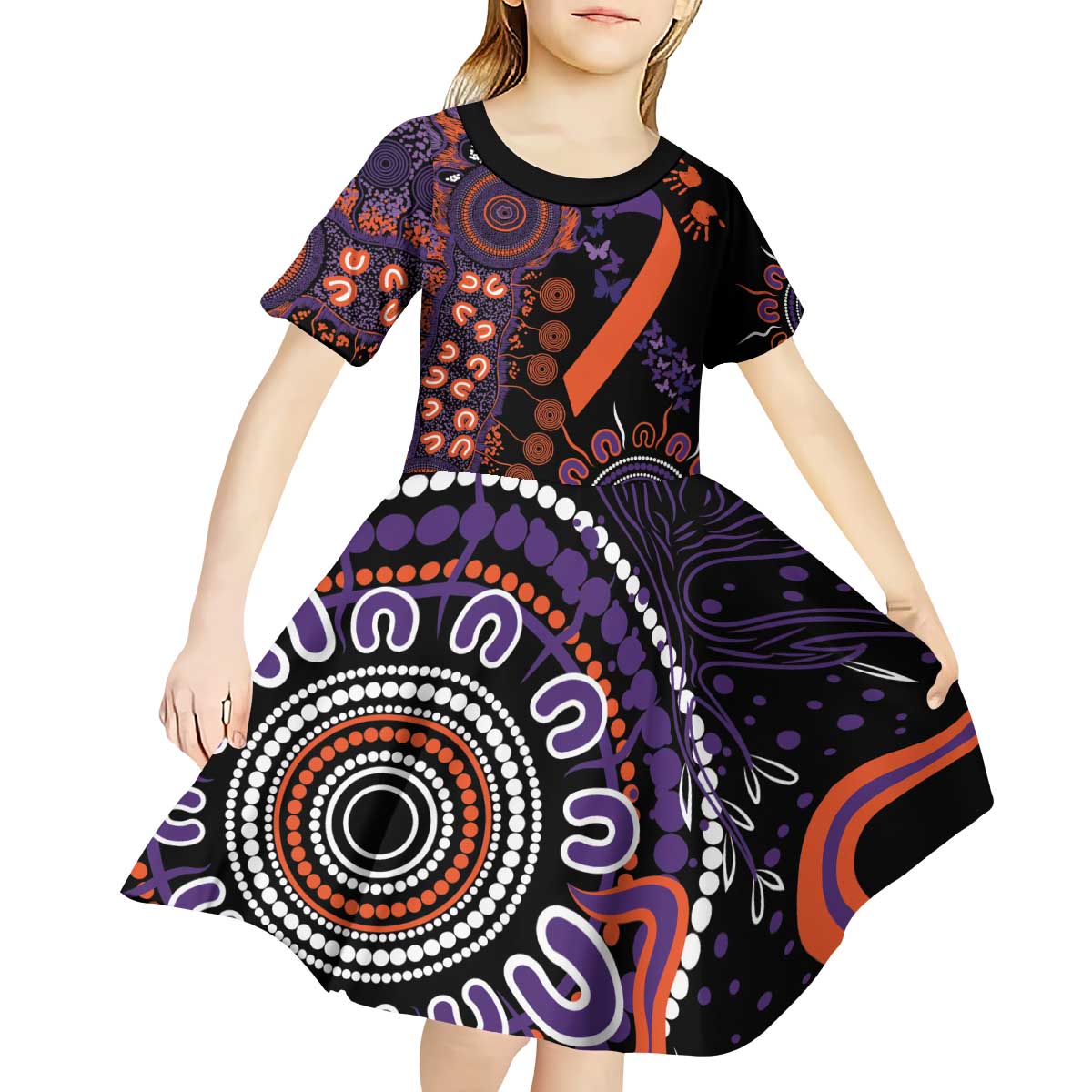 Psoriasis Awareness Personalised Kid Short Sleeve Dress Aboriginal Ribbon Dot Painting